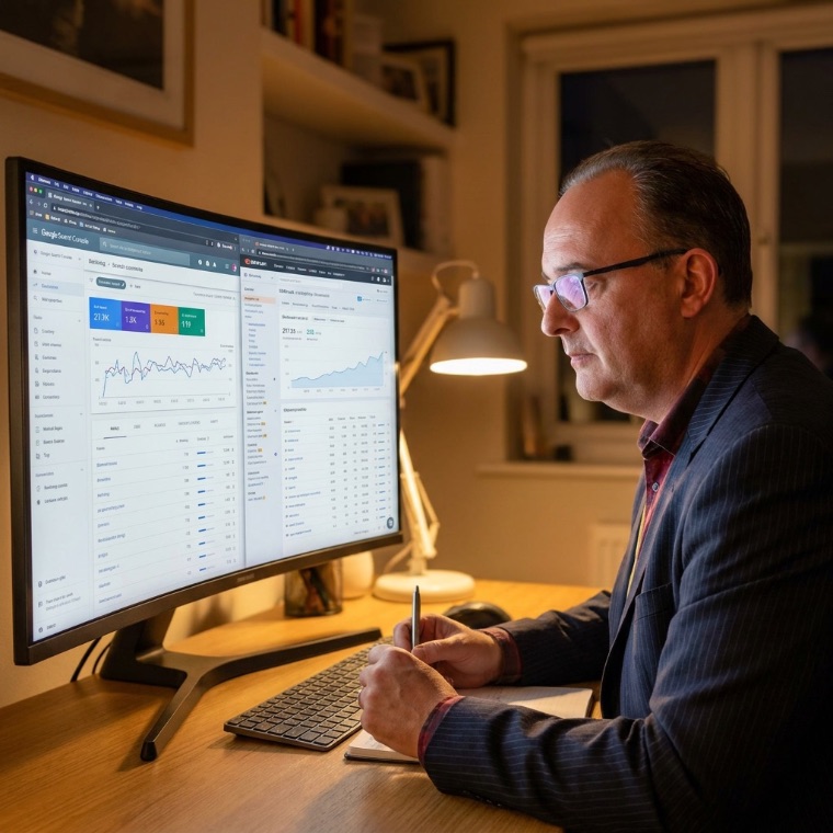 Christoph Voser analysiert Google-Rankings und SEO-Daten in der Google Search Console am Bildschirm